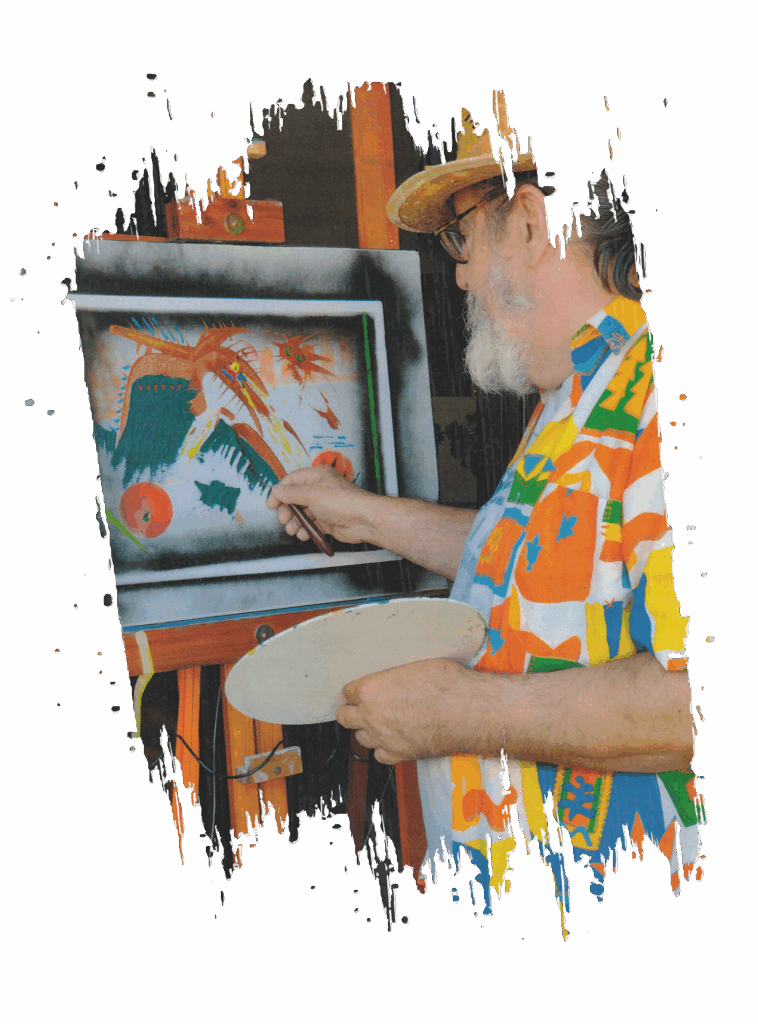 Fotografía a color de Juan Jesús Carrasco pintando un cuadro, en silueta tipo brochazo sin fondo, utilizada como imagen artística en el sitio web
