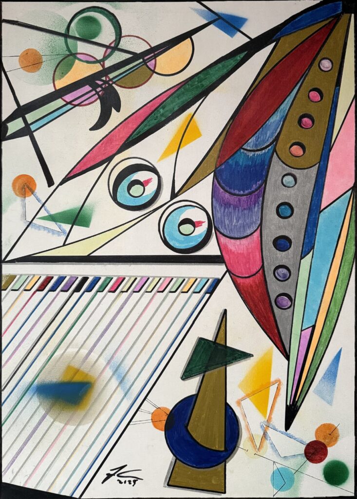 Obra “Estructura sonora” de Juan Jesús Carrasco. Pintura en acrílico, rotulador y aerografía sobre lienzo con fondo claro. La composición presenta líneas negras, triángulos, círculos y figuras poligonales en tonos verdes, amarillos, azules, violetas y rojos. Las formas geométricas se disponen con ritmo y equilibrio, evocando armonías musicales y vibraciones visuales.