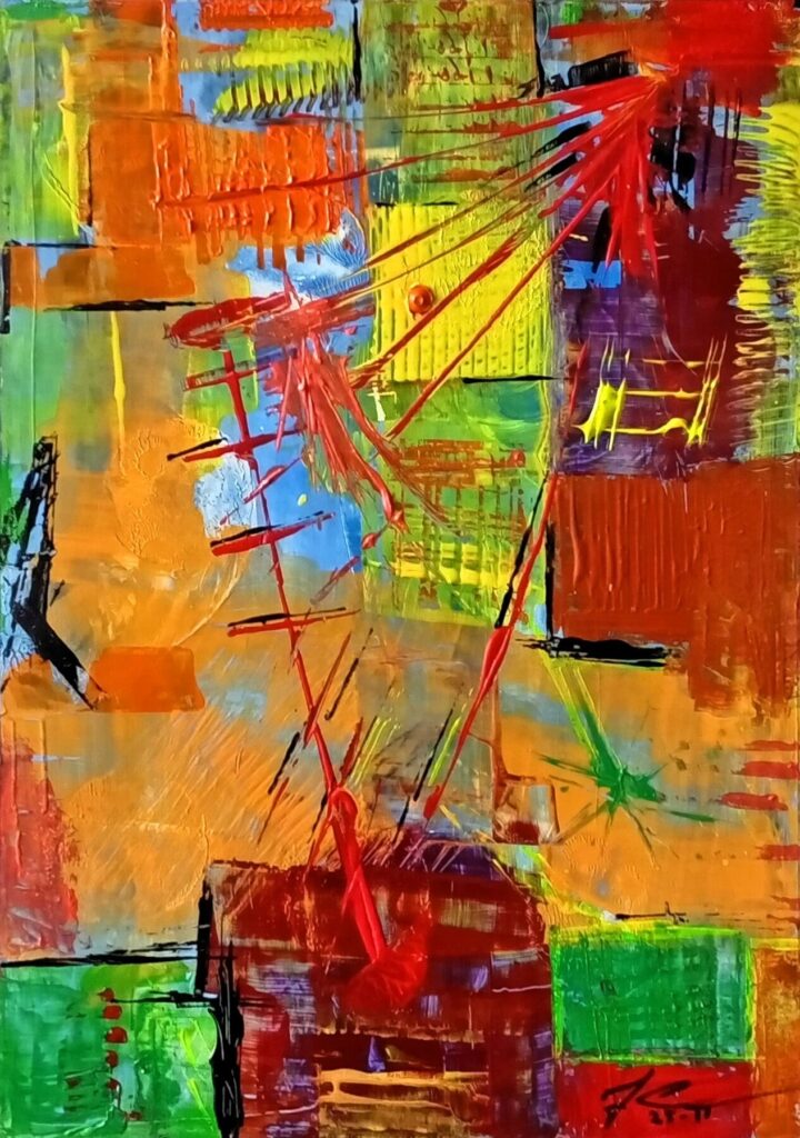 Obra “Tensión cruzada” de Juan Jesús Carrasco. Composición abstracta articulada mediante bloques de color superpuestos y una trama de gestos incisivos que atraviesan la superficie en múltiples direcciones. Los campos cromáticos ocres, verdes, azules, amarillos y rojos intensos se organizan en planos irregulares que se interrumpen y se solapan, generando un espacio fragmentado y dinámico. Las líneas oblicuas y los trazos rojos actúan como vectores de tensión, estableciendo cruces visuales que refuerzan una sensación de desequilibrio controlado, donde color, ritmo y gesto sostienen la estructura compositiva.