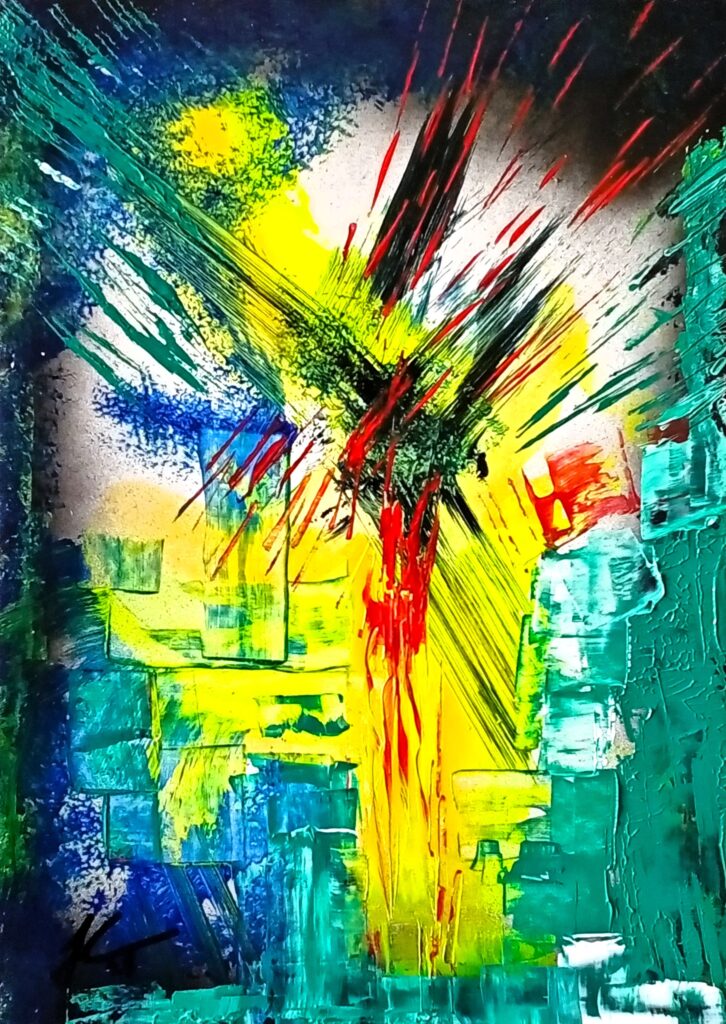 Obra “Impacto oblicuo” de Juan Jesús Carrasco. Composición abstracta construida mediante capas superpuestas de color y gestos direccionales que se cruzan de forma violenta en el centro de la obra. Diagonales incisivas y descensos verticales estructuran un espacio tenso, dominado por amarillos luminosos, verdes intensos, azules profundos y acentos rojos que irrumpen como vectores de choque. La materia pictórica aparece arrastrada y fragmentada, generando una sensación de impacto, inestabilidad y desplazamiento continuo, donde el color actúa como fuerza activa más que como elemento descriptivo.