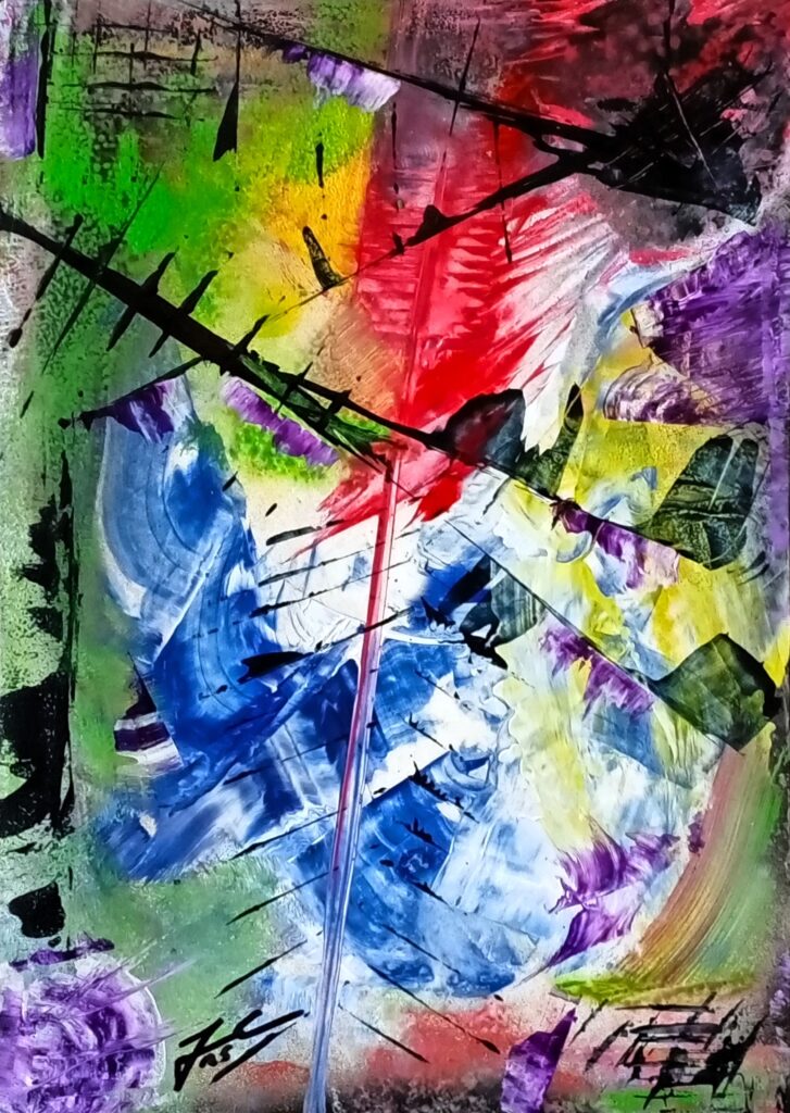 Obra “Interferencia abierta” de Juan Jesús Carrasco. Composición abstracta construida a partir de gestos enérgicos y superposiciones cromáticas intensas, donde amplios campos de color se cruzan con líneas negras incisivas y arrastres oblicuos. La pintura articula el espacio mediante contrastes marcados entre azules, verdes, rojos y amarillos, generando una sensación de choque, fricción y movimiento continuo. La direccionalidad de los trazos y la acumulación de capas construyen un campo visual inestable, en el que la tensión entre planos y gestos domina la lectura de la obra.
