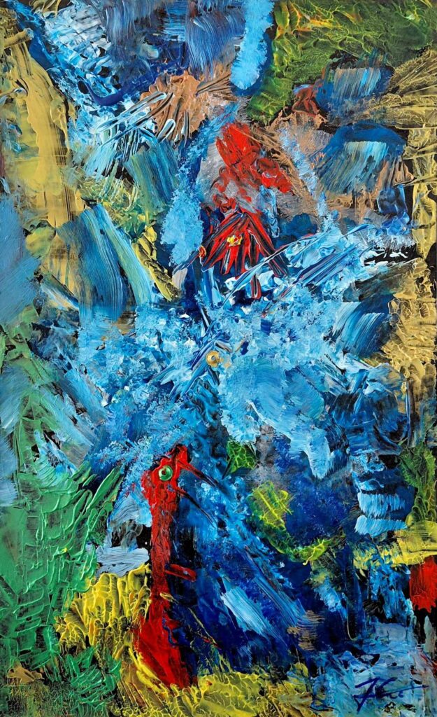 Obra “Médula salvaje” de Juan Jesús Carrasco. Composición abstracta de carácter orgánico construida mediante una densa red de formas ramificadas, texturas entrelazadas y recorridos que se expanden en múltiples direcciones. Predominan los azules intensos y turquesas, aplicados mediante arrastres, acumulaciones y gestos amplios que estructuran la mayor parte de la superficie. Entre ellos emergen verdes amarillentos de aspecto vegetal y acentos rojos muy vivos que actúan como focos de tensión y contraste. La pintura combina zonas de materia espesa, transparencias parciales y marcas gestuales que evocan tejidos biológicos, filamentos, formaciones coralinas o estructuras observadas al microscopio. El conjunto genera una sensación de crecimiento continuo, transformación y conexión interna, manteniendo una lectura abierta entre la abstracción y la sugerencia de procesos naturales.