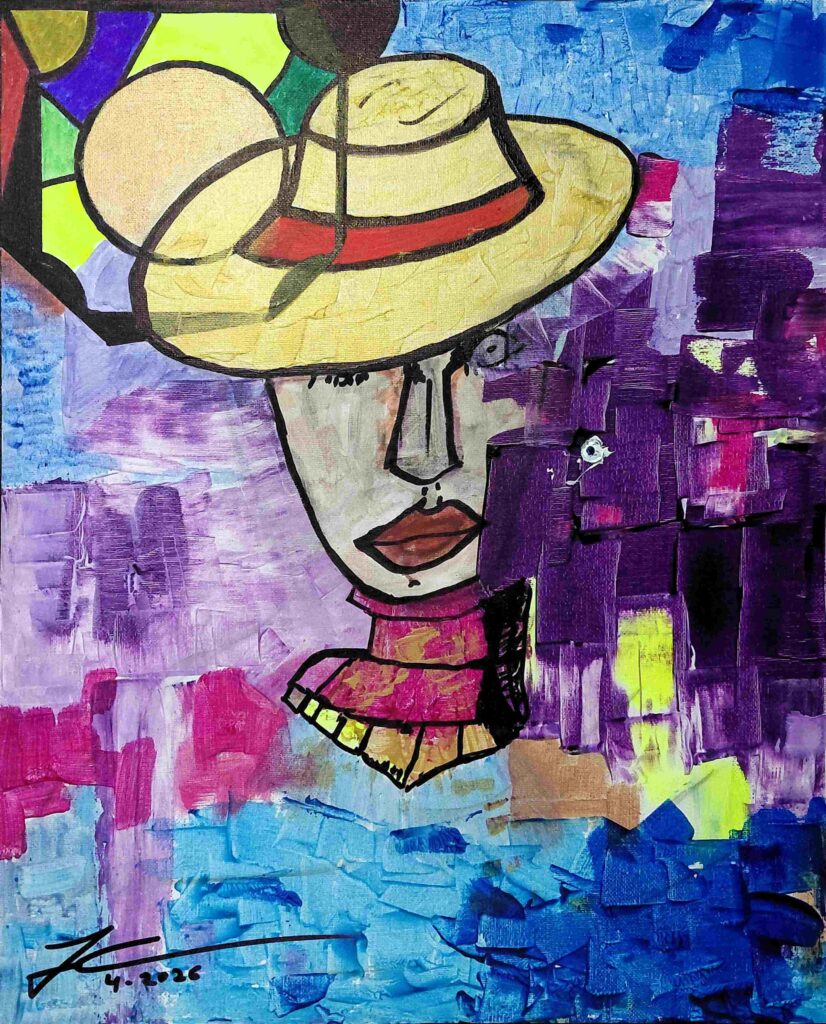 Obra “A través del violeta” de Juan Jesús Carrasco. Retrato femenino contemporáneo realizado en acrílico sobre lienzo. En el centro de la composición aparece una figura de rasgos simplificados y contornos negros definidos, coronada por un sombrero claro de ala ancha que domina la parte superior de la imagen. El rostro, alargado y sereno, queda parcialmente oculto por una acumulación de bloques y planos violetas situados en el lado derecho, que fragmentan la representación y generan un diálogo entre figuración y abstracción. El fondo combina amplias zonas de azul, violeta, rosa y pequeños acentos amarillos y verdosos aplicados mediante capas de pintura y arrastres visibles. Los labios y el cuello en tonos cálidos destacan sobre las gamas frías predominantes, mientras la superposición de manchas, bloques cromáticos y trazos gráficos construye una imagen donde la identidad de la figura parece emerger y disolverse al mismo tiempo entre las capas de color.